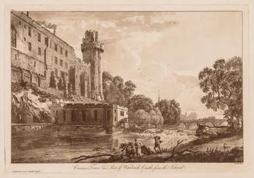 Ansichten von Warwick Castle: Caesars Turm und Teil von Warwick Castle von der Insel