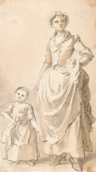 Frau und Kind, die eine Puppe halten