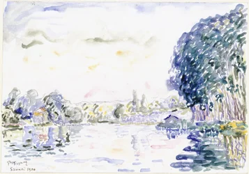 Flusslandschaft mit Häuschen und Bäumen
