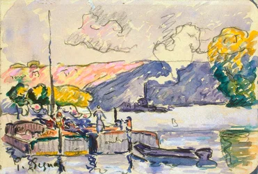 Zwei Lastkähne, Boot und Schlepper in Samois, um 1900