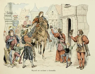 Illustration aus dem Buch „Geschichte des Ritters Bayard“ von Theodore Cahu, illustriert von Paul De Semant (1855-1915): Bayard wird in Grenoble gefeiert