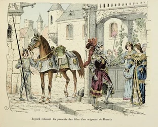 Illustration aus dem Buch „Histoire du chevalier Bayard“ von Theodore Cahu, illustriert von Paul De Semant (1855-1915): Bayard lehnt die Geschenke der Töchter eines Herrn von Brescia 1512 ab