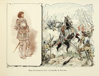 Illustration aus dem Buch „Histoire du chevalier Bayard“ von Theodore Cahu, illustriert von Paul De Semant: Tod von Gaston de Foix (1489-1512) in der Schlacht von Ravenna