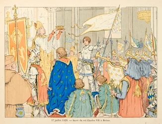 Illustration aus dem Buch „Jeanne d’Arc“ von Théodore Cahu, illustriert von Paul de Semant (1855-1915): Krönung König Karls VII. in Reims am 17. Juli