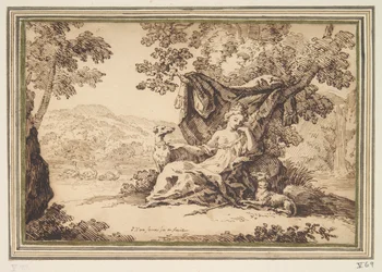 Frau mit zwei Hunden in einer Landschaft sitzend