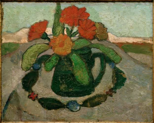 Stillleben mit Ringelrosen vor Landschaft