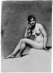 Eine sitzende weibliche Aktfigur, den Kopf nach rechts gedreht und eine Karikaturstudie ihres Kopfes