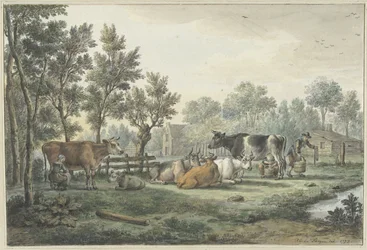 Wiese mit Kühen, die gemolken werden
