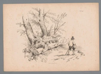 Landschaft mit Bäumen und einem Mann mit Spazierstock und Korb