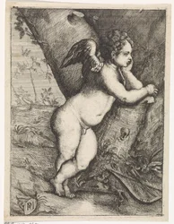 Amor sinnend an einem Baumstamm