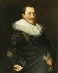 Porträt eines Gentlemans, halblang, in blauem Kostüm mit Goldstickerei und weißem Spitzenkragen