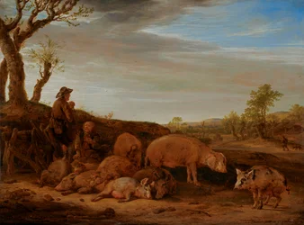 Landschaft mit einer Schweineherde, der Schweinehirt im Gespräch mit einem anderen Mann