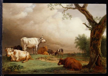 Rinder auf einem Feld, mit Reisenden in einem Wagen auf einem Weg dahinter und einem Kirchturm in der Ferne, ein Regensturm nähert sich, 1652