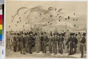 Großherzog Michael Pawlowitsch (1798-1849) besucht das Lager des finnischen Regiments der kaiserlichen Garde am 8. Juli 1837.