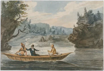 Zwei Indianer und ein Weißer in einem Kanu