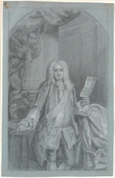 Porträtstudie (Kniestück) eines stehenden Mannes mit rechter Hand auf einem Tisch mit Helm und in der linken Hand ein Dokument. Ordensband mit Elefant und ein Stern links vom Band (Blauer Ritter)