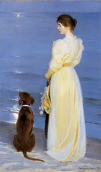 Sommerabend bei Skagen. Die Frau des Künstlers mit einem Hund am Strand