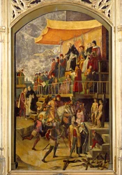 Inquisition „Autodafé präsidiert von Dominikus de Guzmán (1170-1221), Gründer des Dominikanerordens“