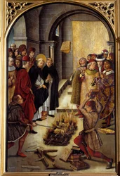 Heiliger Dominikus und die Albigenser (Das Wunder von Fanjeaux): Der Heilige übergibt den Albigensern das Buch, das ihre Häresie widerlegt, und die Albigenser versuchen es erfolglos zu verbrennen