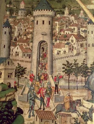 Altarpiece von Saint Jordi, Detail zeigt die Eroberung der Stadt Mallorca durch die Armee von James I.