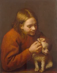 Junge sucht Flöhe auf einem Hund, 1650