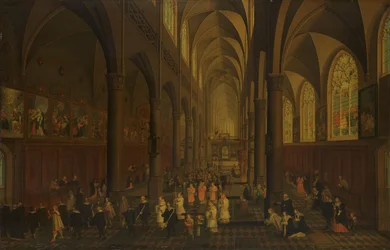 Das Innere der Dominikanerkirche in Antwerpen, Blick nach Osten, mit der Prozession des Heiligen Sakraments