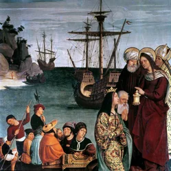Maria Magdalena geht an Bord eines Schiffes, vom Altarbild der Heiligen Magdalena