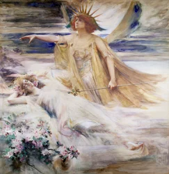 Der Geist des neuen Jahrhunderts, Allegorie des 20. Jahrhunderts, das über das schlafende 19. Jahrhundert aufsteigt