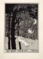 Die Vögel, die Tiere und die Fledermaus, aus Hundert Fabeln von Äsop, veröffentlicht 1903 (Gravur)