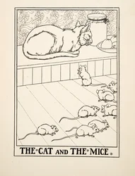 Die Katze und die Mäuse, aus Hundert Fabeln von Äsop, veröffentlicht 1903 (Gravur)