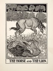 Das Pferd und der Löwe, aus Hundert Fabeln von Äsop, veröffentlicht 1903