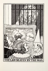 Der Löwe, vom Menschen geschlagen, aus Fontaine Fabeln, veröffentlicht 1905