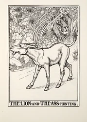 Der Löwe und der Esel auf der Jagd, aus Fontaine Fables, veröffentlicht 1905