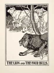 Der Löwe und die vier Stiere, aus Hundert Fabeln von Äsop, veröffentlicht 1903 (Gravur)