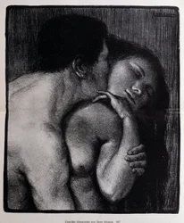 Mann küsst eine Frau. Lithographie von Pere Torne-Esquius