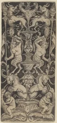 Ornamenttafel mit zwei nackten Kindern auf monströsen Tieren