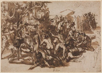 Poros, angegriffen von der makedonischen Armee (recto), Skizzen von Tieren (verso), um 1545-1547