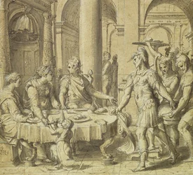 Das Bankett von Dido und Aeneas, Modell für einen Wandteppich in der Aeneas-Serie, ca. 1532 (Feder und Tinte und Waschung auf Papier)