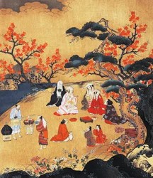 Frauen betrachten Ahornbäume in Takao, Paravent, Azuchi-Momoyama-Periode (1568-1600), Japan 16. Jahrhundert, (Detail)