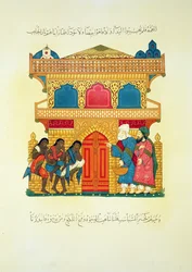 Ein Chalet, Szene aus einem Manuskript der Maqamat von Al-Hariri, graviert von Lestel, veröffentlicht von Lemercier, Paris