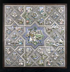 Ein Keramikfliesen-Panel, das Bahram Gur bei der Jagd und mehrere andere Figuren in verschiedenen Szenen darstellt