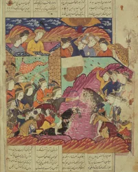 Schlacht zwischen Feradin und Zahaki, Illustration aus dem Shahnama (Buch der Könige) von Abul-Qasim Manur Firdawsi
