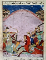 Schlacht zwischen Mongolen und Georgiern. Die Georgier fliehen. Persische Miniatur um 1430