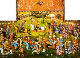 Schlacht von Taher-Abad oder Schlacht von Merv mit Sieg von Shah Ismail I über Muhammad Shaybani Khan, Empfangshalle, Chehel Sotun, 1647