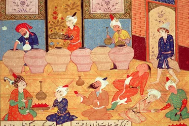 Detail eines Banketts mit Musikern, aus einem Gedichtbuch von Hafiz Shirazi