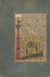 Seite aus einer Anthologie; Mann auf der Spitze eines Minaretts, Iran, 1417-18
