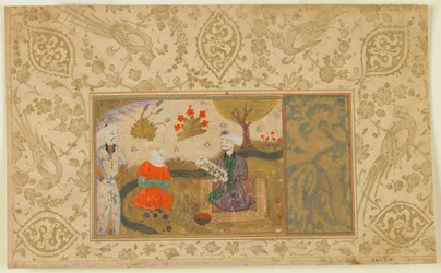 Seite aus einem unidentifizierten Text; Eine Frau spricht mit einem sitzenden Mann an einem Bach, Iran, ca. 1500