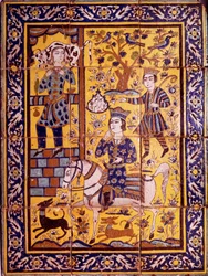 Gulendam wird für eine ungeschickte Bemerkung, die sie Vahram V Gour (Nachtkerze) (oder Bahram Gur oder Gor), Sassanidenkönig von Persien, gemacht hat, vergeben, der einen Ochsen auf ihrer Schulter trägt. Mosaikplatten, die eine Episode des "Shahnameh" (Sh