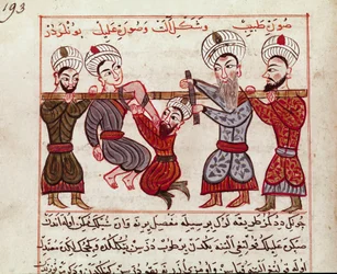 Medizin: orthopädischer Eingriff. Miniatur aus einer türkischen Medizinabschrift von Charaf-ed-din (1404-1468) nach „La Chirurgie Imperiale“ (Ms Sup Turk 693 fol. 193) 1466 Paris, B.N.