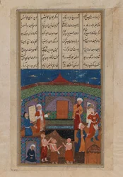 Miniatur von acht stehenden Figuren und einer knienden Figur